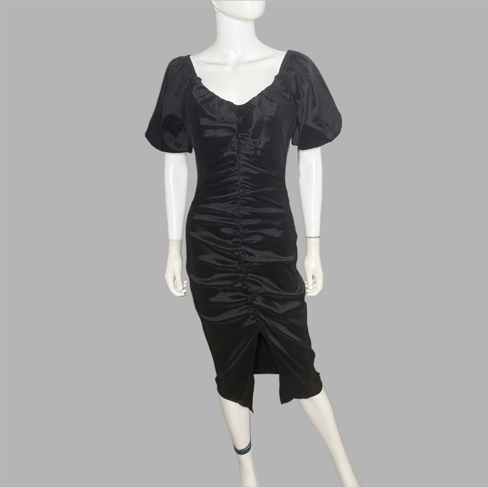 Chelsea28 Black Puff Sleeve Ruched‎ Sheath Midi Dress
